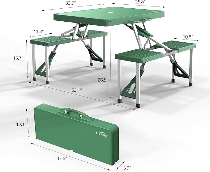 VINGLI 4 Ft Portable Folding Picnic Table Camping Table Foldable Set with 4 Seats with Umbrella Hole Suitcase Card Table-220 Lbs Support Aluminum Frame, Plastic RV Tabletop for Yard, Travel