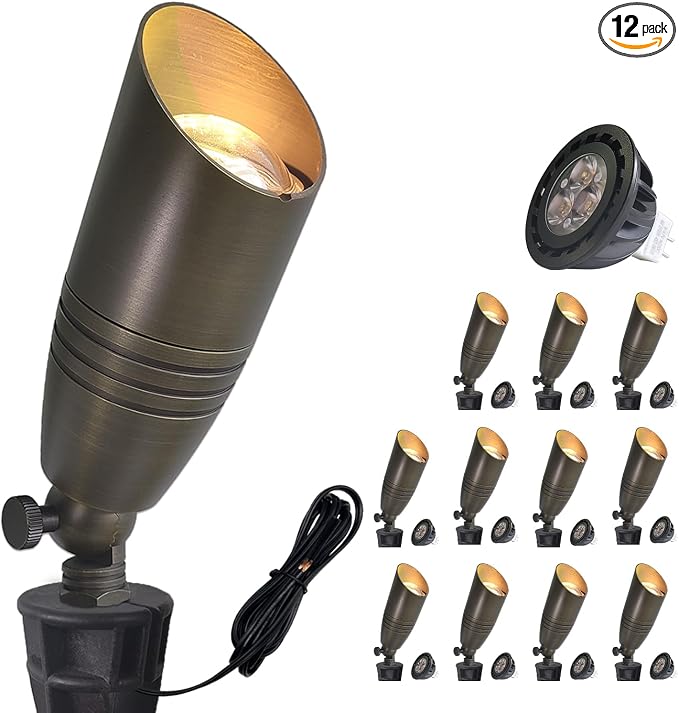 COLOER Brass Landscape Spotlights, 12 Pack Landscape Light Fixture with 5W Aluminum Housing MR16 LED Bulb 2700K 450LM, 12V AC/DC Low Voltage Outdoor Spot Lighting, Uplight for Garden and Patio(102B)