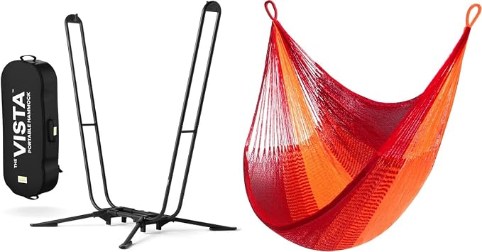 Handwoven Hammock & Charcoal Vista Stand by Yellow Leaf Hammocks - Hanging Chair, Fits 1 Person, 330lb max - Weathersafe, Easy to Hang & Setup, Ultra Soft, Artisan Made - Hammock Color: Red & Orange