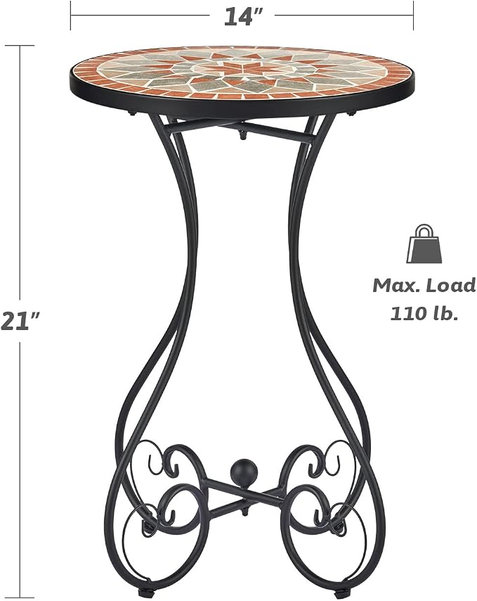 VONLUCE Outdoor Side Table and Mosaic Plant Stand, 21" Round End Table with 14" Ceramic Tile Top for Patio Porch Decor, Indoor and Outdoor Accent Table, Small Coffee Table for Home Garden, Quilt Star