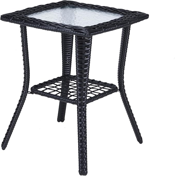 18" Patio Rattan Wicker Side Tables,Outdoor Square Wicker End Table,Waterproof Patio Coffee Side Table,Outside Storage Coffee Tables,with Glass Top,for Garden Porch Poolside Deck Backyard (Black)