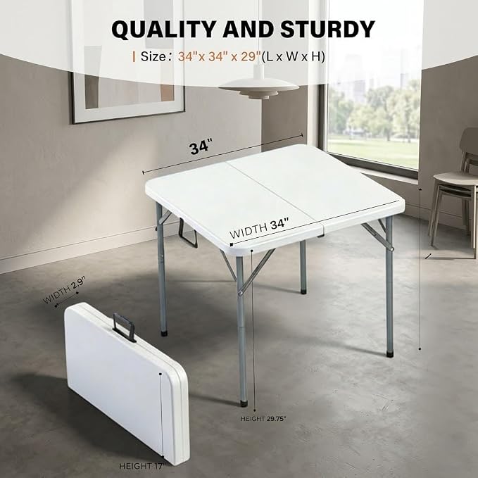 34 In Square Folding Card Table,Heavy Duty Plastic Foldable Table with Built-in Carry Handle&Steel Legs,Portable Indoor Outdoor Utility Table for Dining,Party,GameNight, Camping,Picnic,White
