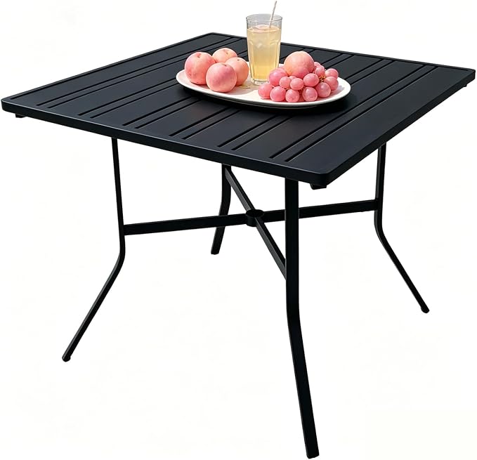 4-Seat Small Metal Square Outdoor Table with Umbrella Hole, Weather-Resistant Black Patio Dining Table for Backyard, Compact Sturdy Table with Slatted Top for Porch & Poolside