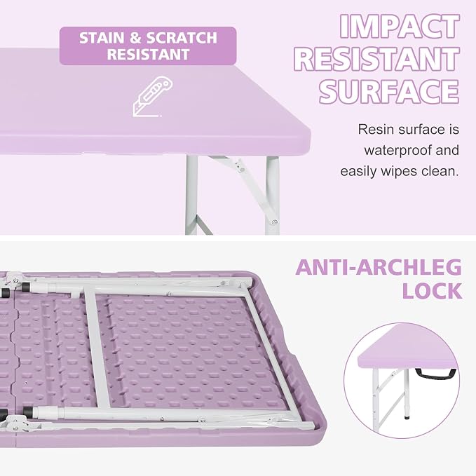 Portable 4Ft Folding Table, Heavy Duty Plastic Fold-in-Half Utility Foldable Table, Adjustable Height Plastic Folding Table with Carrying Handle for Camping &Party Indoor/Outdoor(Light Purple)