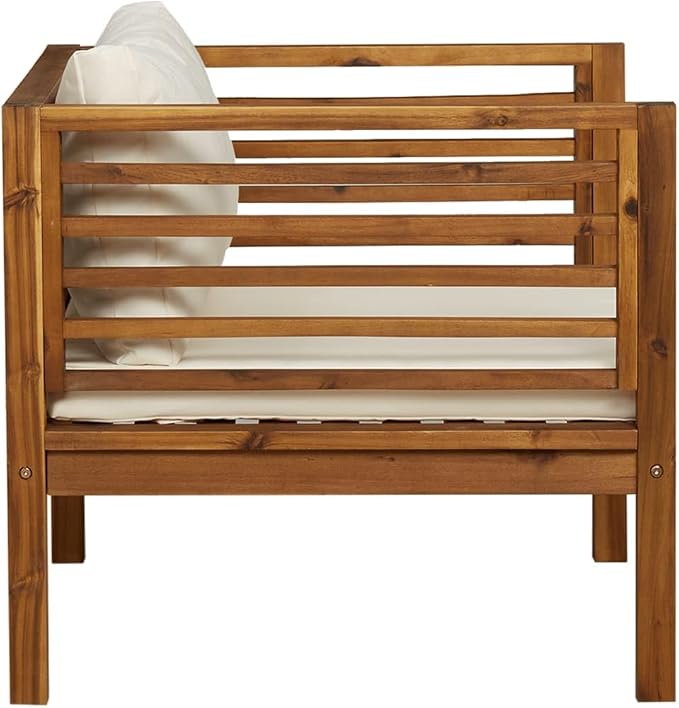 Patio Armchair with Cream White Cushions, Solid Acacia Wood Chair, Wooden Patio Chair Outside Chair Outdoor Dining Chair Patio Club Chair with Armrest for Porch, Deck, Backyard,-433