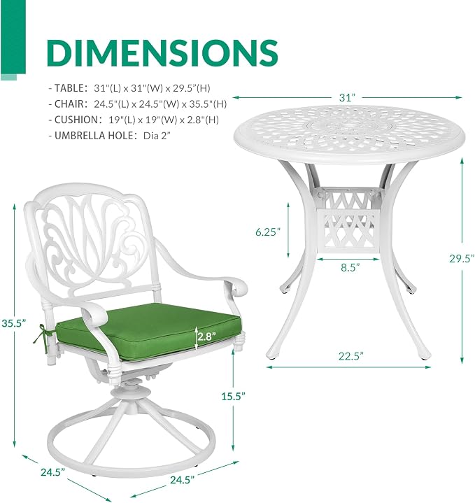 VIVIJASON 3-Piece Patio Furniture Dining Set, Outdoor All-Weather Cast Aluminum Bistro Set, Include 2 Swivel Chairs and 31" Round Table w/Umbrella Hole for Balcony, Lawn, Garden, Backyard, White
