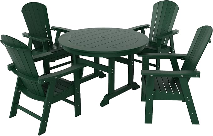 WestinTrends Dylan Adirondack Outdoor Dining Set for 4, All Weather Poly Lumber Patio Table and Chairs Set of 4, 47" Trestle Round Dining Table and Seashell Adirondack Dining Chair, Dark Green