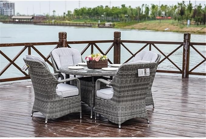 Patio 5-Pieces Gray Round Aluminum Rattan Outdoor Dining Set with Chairs