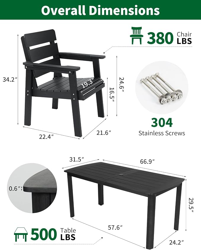 7-Piece Outdoor Dining Set, All-Weather HIPS Patio Table & Chairs for 6, Outdoor Furniture with Umbrella Hole, Ideal for Garden, Poolside, Backyard, Deck, Black