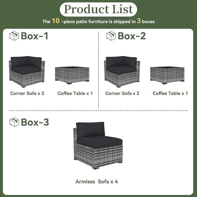 Aoxun 10 Piece Patio Furniture Set Wicker Rattan Patio Conversation Set Outdoor Sectional Sofa Set with Coffee Table and Thickened Cushions, Gray/Black