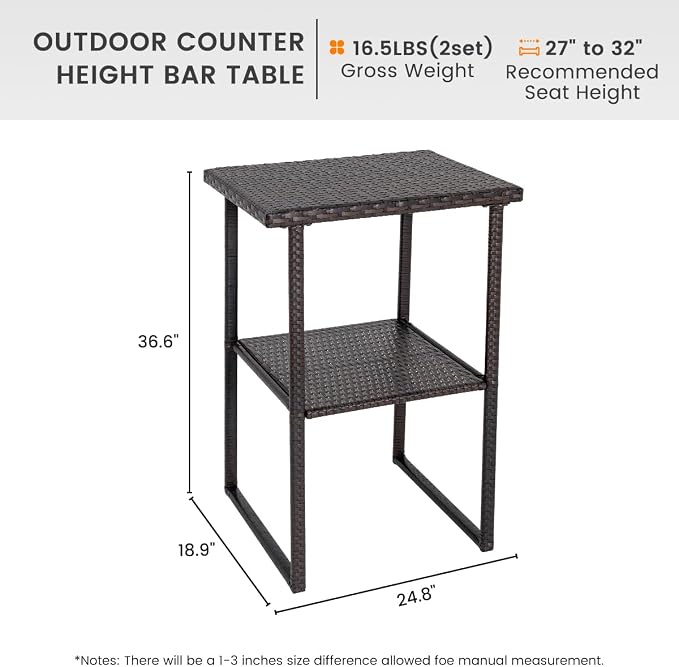 Sundale Outdoor Wicker Bar Table, 36 Inch Counter Height Patio High Top Dining Table, Rattan Bistro Pub Table with Storage Shelf for Deck Poolside Balcony Garden, Variegated Brown