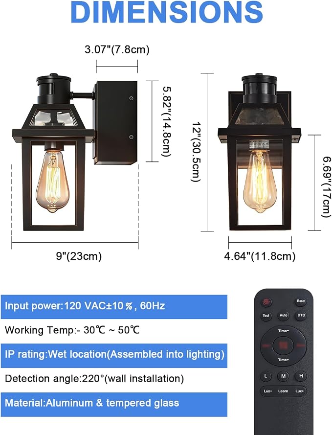 Porch Light with GFCI Outlet and Remote, Motion Sensor, Black, 1 Pack | Dusk to Dawn Motion Sensor Outdoor Light 4 Lighting Modes Exterior Fixture Outside Lights for Porch Garage House