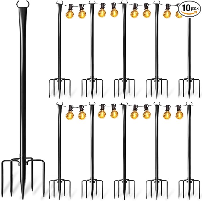 10 Pack String Light Poles for Outside, Upgraded Heavy-Duty Metal Poles for Outdoor String Lights with Fork, Adjustable Lighting Hanging Accessories for Patio Decor Pergola Backyard Garden Decorations