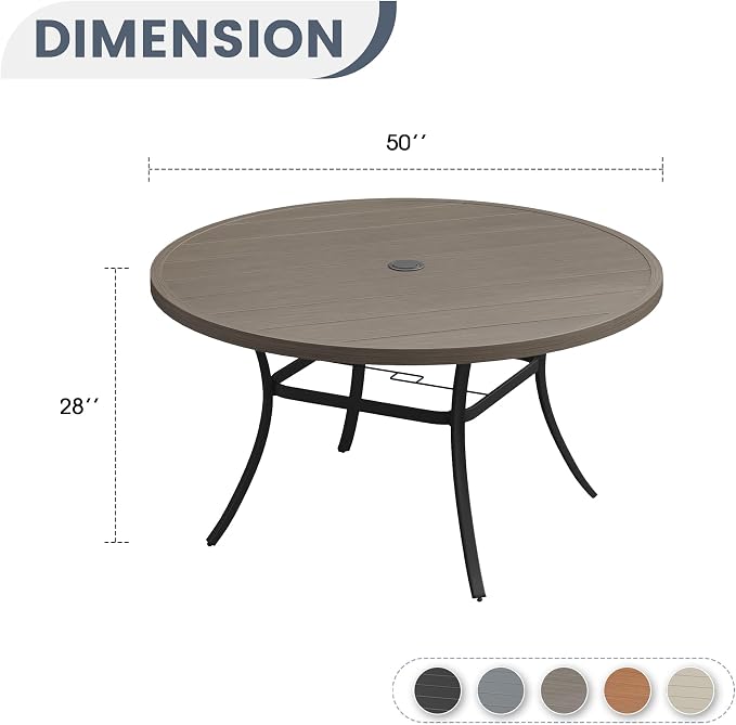 VICLLAX 50" Outdoor Round Patio Dining Table for 4-6, All Weather Metal Dining Table with Umbrella Hole for Deck Lawn Garden Backyard, Grey
