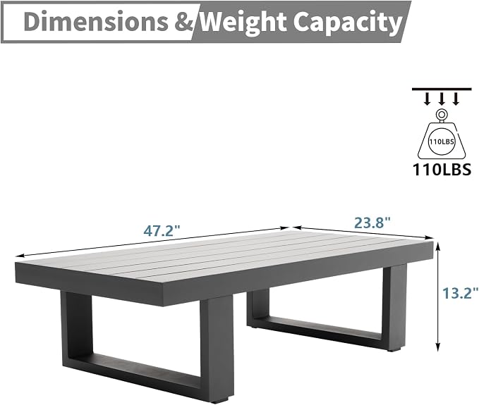 Sneijde Outdoor Coffee Table for Patio All-Weather Rectangle Aluminum Coffee Table for Garden Deck Poolside, Dark Grey, 23.8" D x 47.2" W x 13.2" H