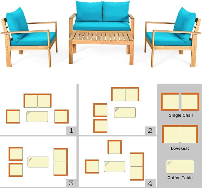 HAPPYGRILL 4 Pieces Wood Patio Conversation Set, Outdoor Furniture Set Wood Sofa Table Set with Cushions, Acacia Wood Chairs & Coffee Table Set for Garden Backyard Poolside
