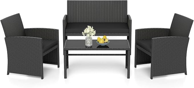 RELAX4LIFE 4-Piece Patio Furniture Set - Wicker Rattan Outdoor Sectional Sofa Set w/Glass Coffee Table, Loveseat, 2 Chairs & Soft Cushions, Bistro Conversation for Garden Porch (1, Black-Black)