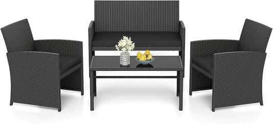 RELAX4LIFE 4-Piece Patio Furniture Set - Wicker Rattan Outdoor Sectional Sofa Set w/Glass Coffee Table, Loveseat, 2 Chairs & Soft Cushions, Bistro Conversation for Garden Porch (1, Black-Black)