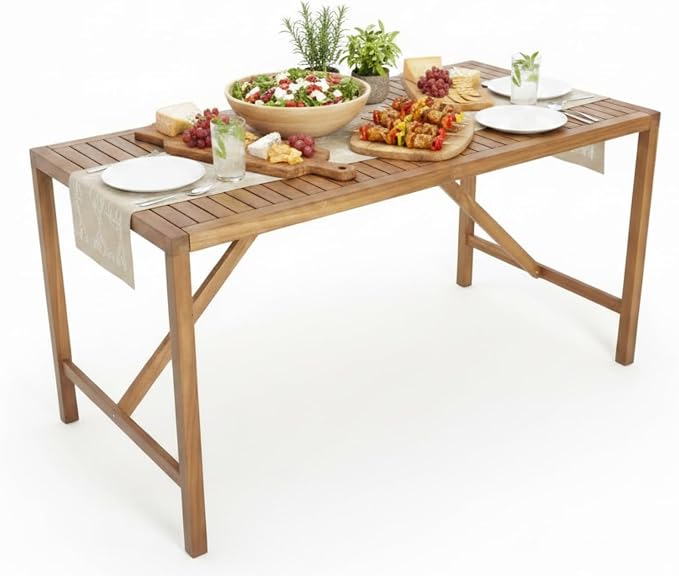 Tangkula 67" Acacia Wood Outdoor Dining Table for 6, Rectangle 6-Person Patio Table with 2" Umbrella Hole & Spacious Slatted Tabletop, Indoor Outdoor Dining Furniture for Deck, Garden, Poolside & Yard