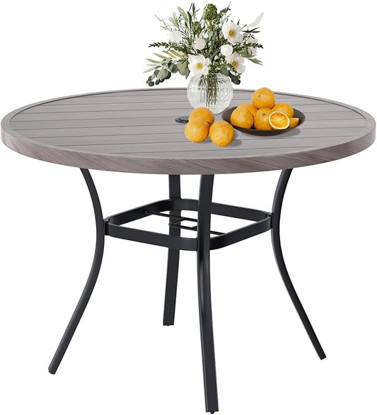 DIFY Patio Round Dining Table, 42" All Weather Round Outdoor Table with 1.57" Umbrella Hole for 4 Person, Perfect for Balcony Garden and Backyard, Grey Wood-Like