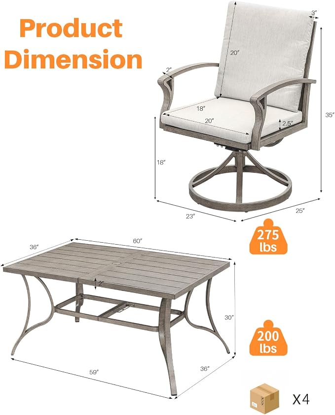7-Piece Patio Swivel Dining Set for 6, Never Rusts Aluminum Outdoor Dining Set, Patio Dining Furniture with Cushions, Outdoor Table and 6 Swivel Chairs for Deck Garden Yard, Limed Oak