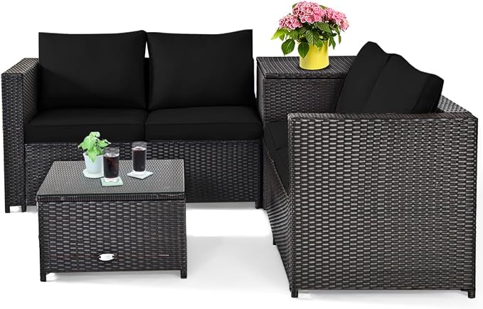 HAPPYGRILL 4 Pieces PE Rattan Wicker Conversation Set Outdoor Patio Furniture Sofa Set with Storage Box and Tempered Glass Coffee Table for Backyard Garden Porch