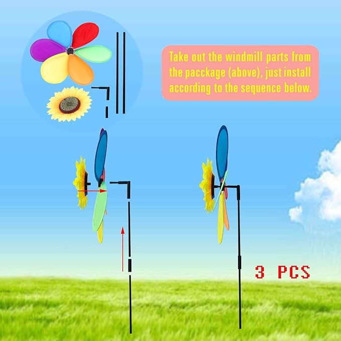 Sunflower Pinwheels Outdoor Wind Spinners Yard Garden, Lawn Pinwheels Bulk Colorful Flower Windmill Decorative (3 pcs)