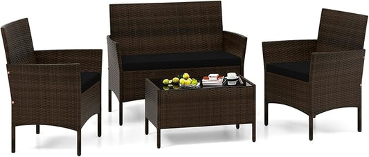 4 Piece Patio Furniture Set, Sectional Conversation Sofa Set with Glass Coffee Table, Cushions & Loveseat, Wicker Outdoor Table and Chairs for Pool, Garden, Deck, Backyard (1, Black)