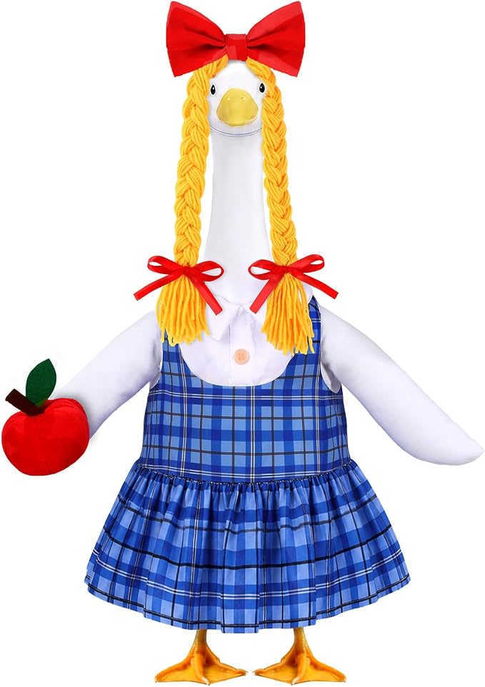Celltestria Back to School Goose Outfits Porch Goose Costume with Apple Blue Grid Goose Clothes for 23" Geese School Outdoor Patio Yard Lawn Garden Art Decoration
