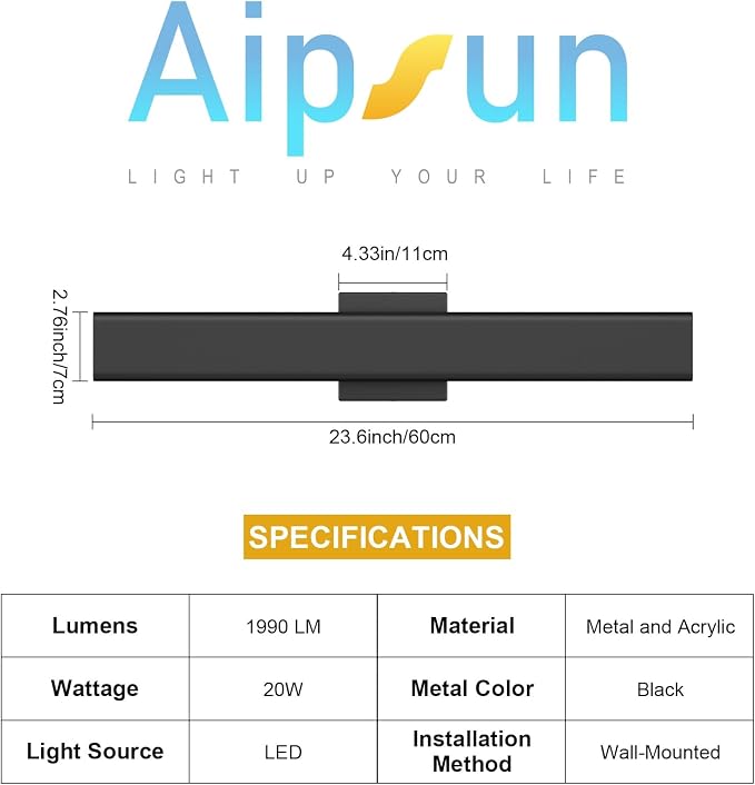 Aipsun 2 Packs LED Outdoor Wall Lights, 3000K 4000K 6000K, 23.6in Modern Black Outdoor Porch & Patio Wall Sconce, Linear Exterior Wall Light for Entrance, Hallway, Garage, Porch(3CCT)