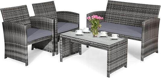 HAPPYGRILL 4 Pieces Rattan Patio Conversation Set with Soft Cushions, Outdoor Furniture Set with PE Wicker Coffee Table & Sofa Chairs for Garden Poolside Porch Backyard