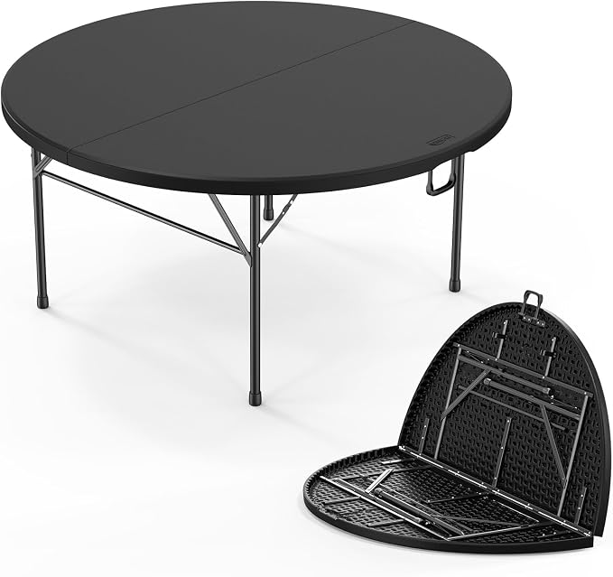 VINGLI 5 FT Black Round Bi-Folding Commercial Table, 60 inch Portable Plastic Dining Card Table for Kitchen Party Wedding Event, 1-Pack