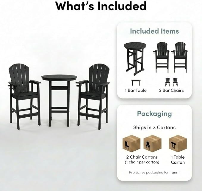 3-Piece HDPE Bar Height Table and Chairs Set, 31.1" Square High Top Pub Table with Umbrella Hole, 2 Adirondack Charis with Cup Holders, Outdoor Patio Dining Set for Bistro Backyard Deck Black