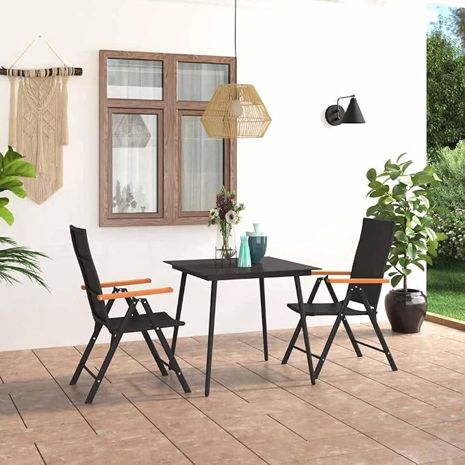 3-Piece PE Rattan Garden Dining Set with Adjustable Armrests, Black and Brown Frame, Compact for Small Balconies and Patios
