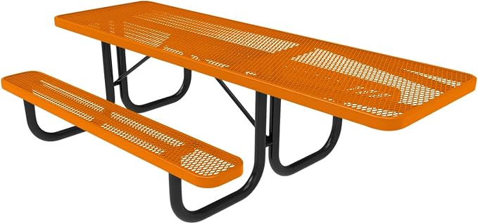 COATEDOUTDOORFURNITURE Heavy-Duty Portable ADA-Compliant Outdoor Picnic Table, Expanded Metal Patio Dining Furniture Made in America (8ft Rectangular, One-Side Handicap, Orange)