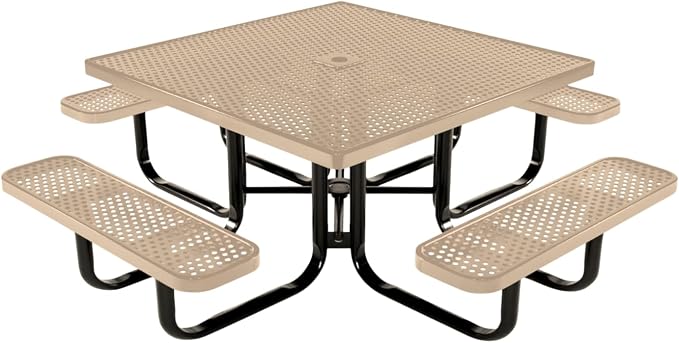 COATEDOUTDOORFURNITURE Heavy-Duty Portable Outdoor Kids Table with Umbrella Hole, Punched Steel Kids Picnic Table, Commercial-Grade, Made in America (46 in, Square, Childrens, Tan)