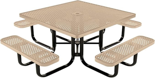 COATEDOUTDOORFURNITURE Heavy-Duty Portable Outdoor Kids Table with Umbrella Hole, Punched Steel Kids Picnic Table, Commercial-Grade, Made in America (46 in, Square, Childrens, Tan)