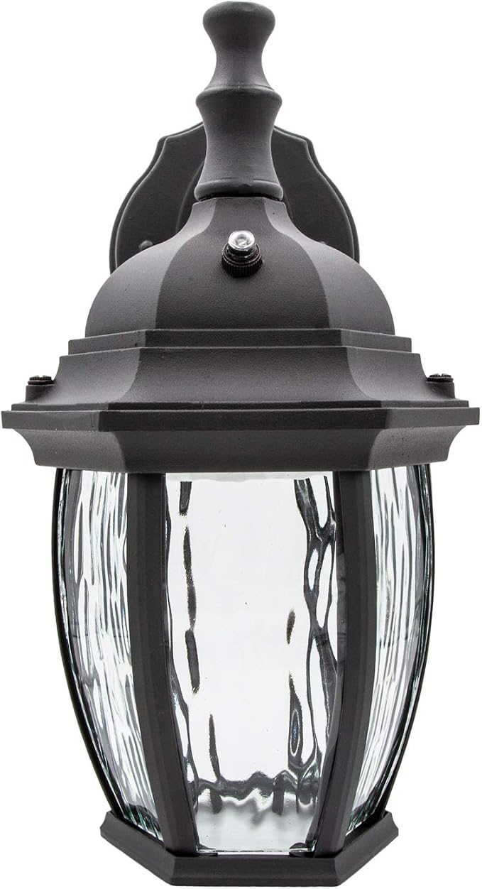 Maxxima LED Black Outdoor Wall Light, 580 Lumens 3000K, Dusk to Dawn Sensor | Clear Water Glass, Warm White, Photocell Sensor, Exterior Patio or Porch Sconce Fixture