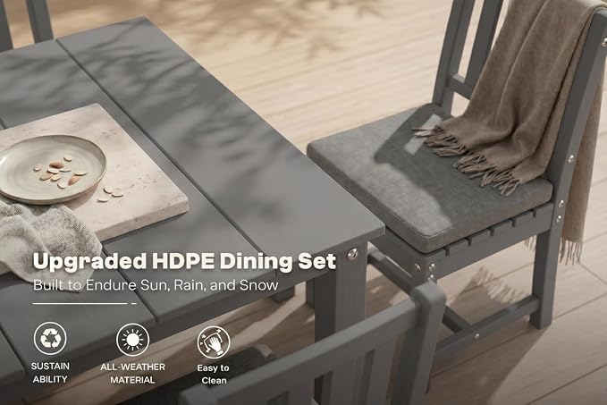 Perli™ 5-Piece Outdoor Dining Set, All-Weather HDPE Patio Furniture with 4 Armless Chairs and Rectangular Table, UV-Resistant 4-Person Set for Deck, Backyard, Grey