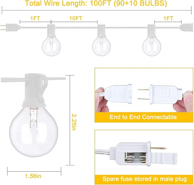 100Ft G40 Outdoor String Lights Patio Lights with 100 Edison Globe Bulbs, Connectable Outdoor String Lights Waterproof UL Listed for Indoor Porch Party Wedding Deck Balcony Wedding Party Decor- White