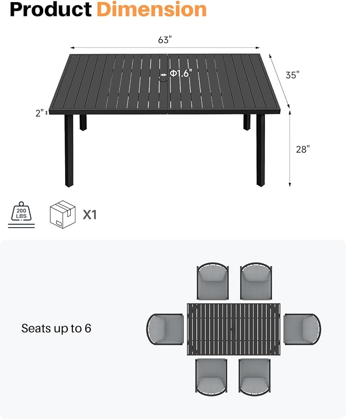 Never-Rust Aluminum Patio Dining Table, 63" x 35" Rectangular Outdoor Dining Table for 6, Outdoor Patio Table with Umbrella Hole for Poolside, Commercial, Porch, Deck, Black