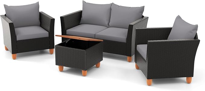 Tangkula 4 Piece Outdoor Conversation Set, Patio Cushioned Chairs w/Storage Coffee Table, Acacia Wood Tabletop & Chair Legs, Patio Wicker Furniture Set for Poolside, Lawn, Porch (1, Gray)
