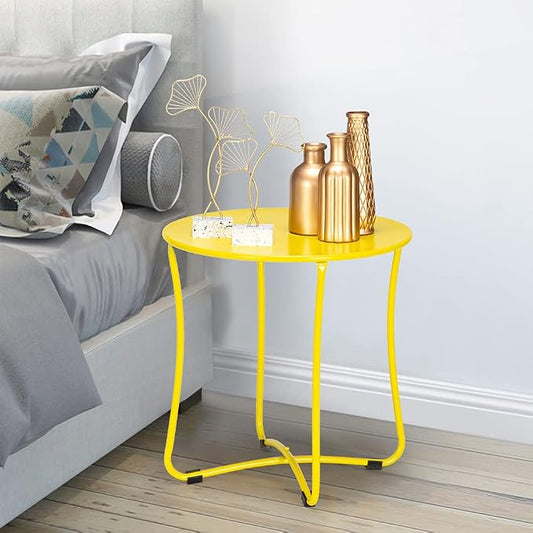 18" Metal Side Table, Small Round Table Terrace Wrought Iron Side Table Weather Resistant Outdoor End Table, Blue (Golden)