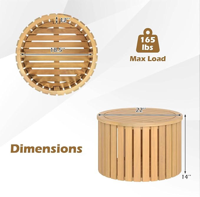 HAPPYGRILL Outdoor Side Table with Umbrella Hole, Acacia Wood End Table with Storage, Removable Base, Patio Storage Box for Backyard, Balcony, Poolside (Round)