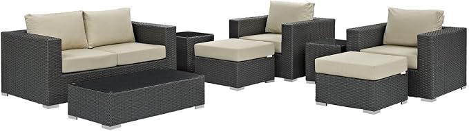 Modway Sojourn Wicker Rattan 8 Piece Outdoor Patio Sunbrella Sectional Set in Canvas Antique Beige