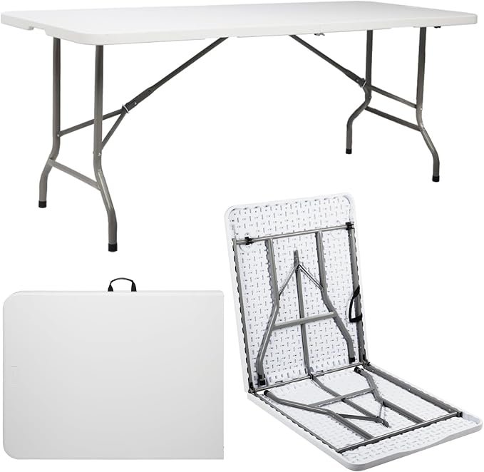 6 Feet Foldable Table with Steel Legs,6FT Heavy Duty Folding Portable Table Perfect for Party, Dining, Wedding, Events, Picnic Indoor, Outdoor, Camping, Utility