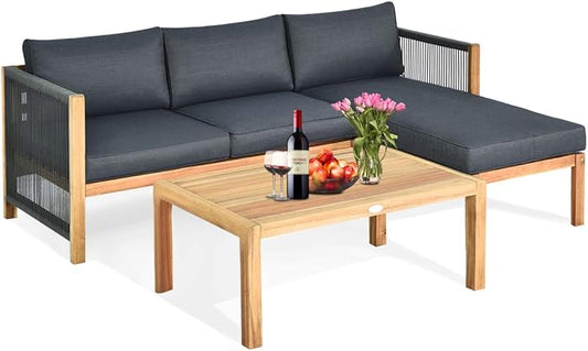 Tangkula L Shape Outdoor Furniture Set, 3 Piece Acacia Wood Patio Conversation Set, with 2 loveseats and Coffee Table, Garden Backyard Poolside Patio Seating Set