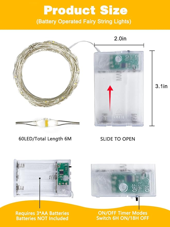 2 Pack 60 LED Fairy Lights Battery Operated with Timer, 20 FT Warm White | Cuttable Copper Wire, Waterproof Battery String Lights for Indoor Outdoor, Wedding, Bedroom, Home, DIY, Christmas Decorations