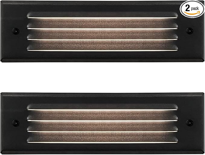 Low Voltage LED Step Lights, 4W 12V Surface Mount Light with Horizontal Louvered Faceplate, Steps Decks Pathway Stairs, 2700K IP65, Die-cast Aluminum, Black Powder Coated Finish, 2 Pack