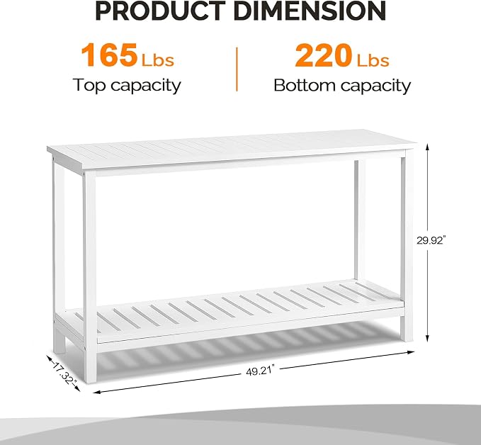 VINGLI 49in Solid Wood Outdoor Console Table, 2-Tier Patio Buffet Bar Table, Multi-Functional Storage Sideboard for Garden, Porch, Balcony (White)